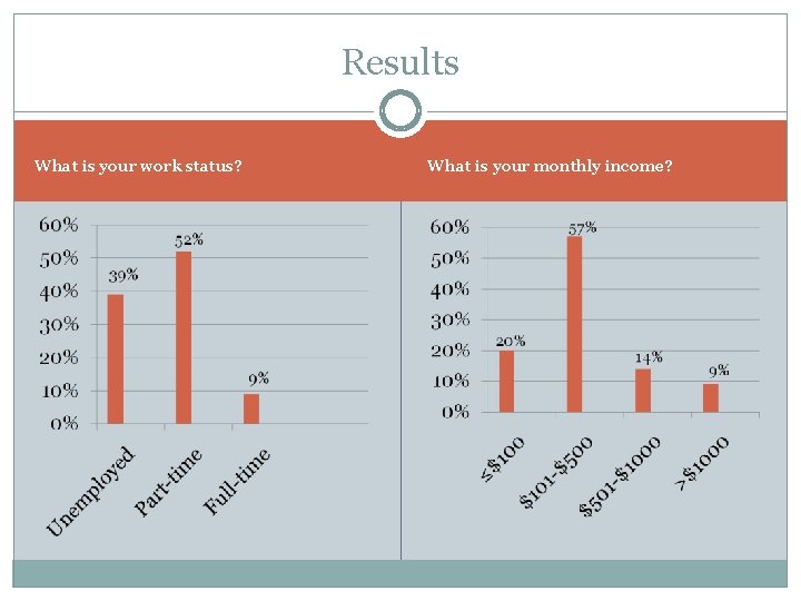 Results What is your work status? What is your monthly income? 