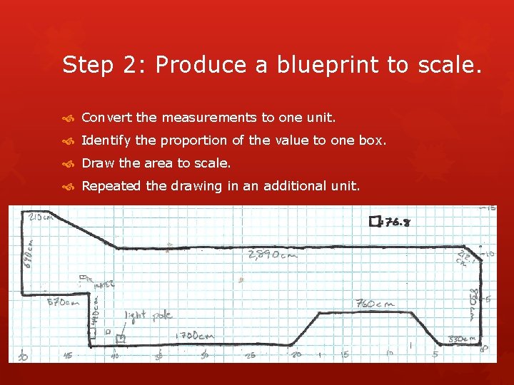 Step 2: Produce a blueprint to scale. Convert the measurements to one unit. Identify