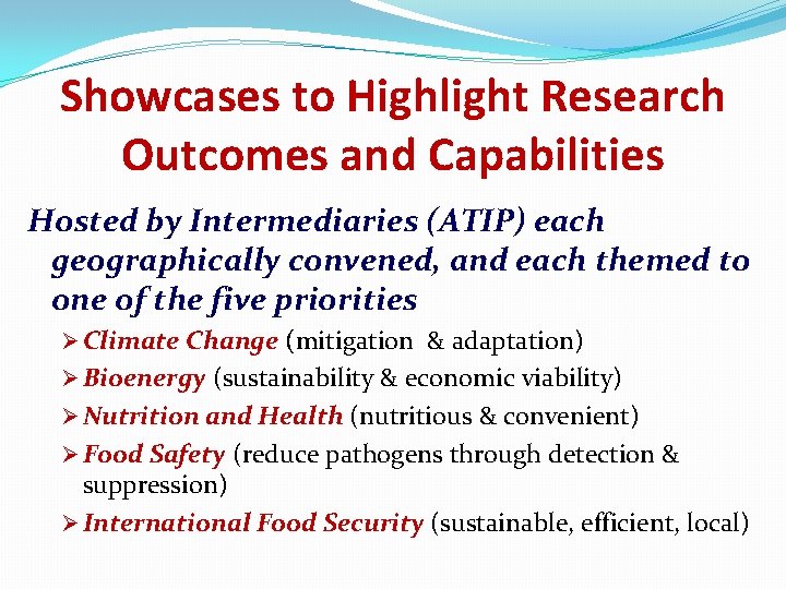 Showcases to Highlight Research Outcomes and Capabilities Hosted by Intermediaries (ATIP) each geographically convened,
