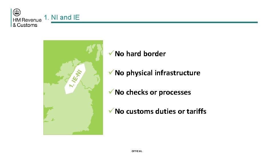 1. NI and IE 1. IE- NI üNo hard border üNo physical infrastructure üNo
