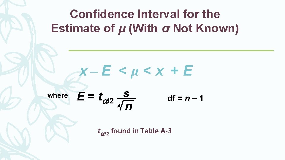 Confidence Interval for the Estimate of μ (With σ Not Known) x–E <µ<x +E