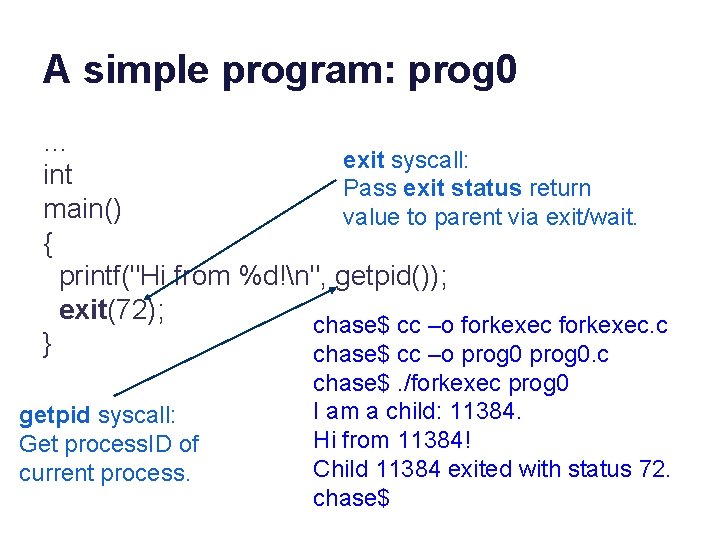 A simple program: prog 0 … exit syscall: int Pass exit status return main()