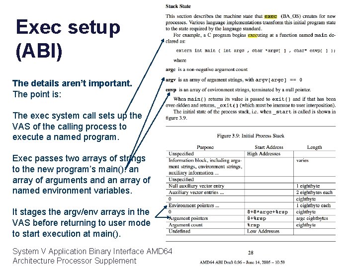 Exec setup (ABI) The details aren’t important. The point is: The exec system call