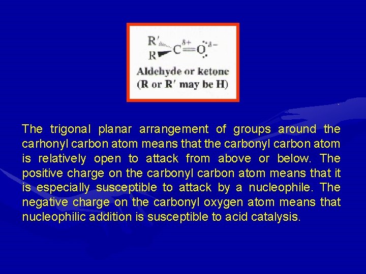 The trigonal planar arrangement of groups around the carhonyl carbon atom means that the