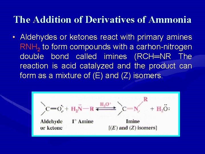 The Addition of Derivatives of Ammonia • Aldehydes or ketones react with primary amines