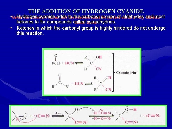 THE ADDITION OF HYDROGEN CYANIDE • Great Hydrogen cyanide adds carbonyl of out aldehydes THE ADDITION OF HYDROGEN CYANIDE • Great Hydrogen cyanide adds carbonyl of out aldehydes