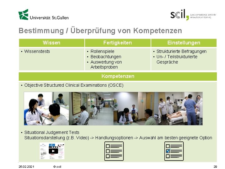 Bestimmung / Überprüfung von Kompetenzen Wissen • Wissenstests Fertigkeiten • Rollenspiele • Beobachtungen •