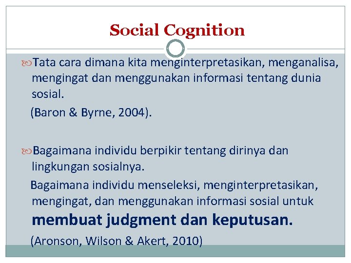 Social Cognition Tata cara dimana kita menginterpretasikan, menganalisa, mengingat dan menggunakan informasi tentang dunia