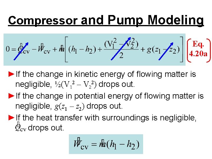 Compressor and Pump Modeling Eq. 4. 20 a ►If the change in kinetic energy