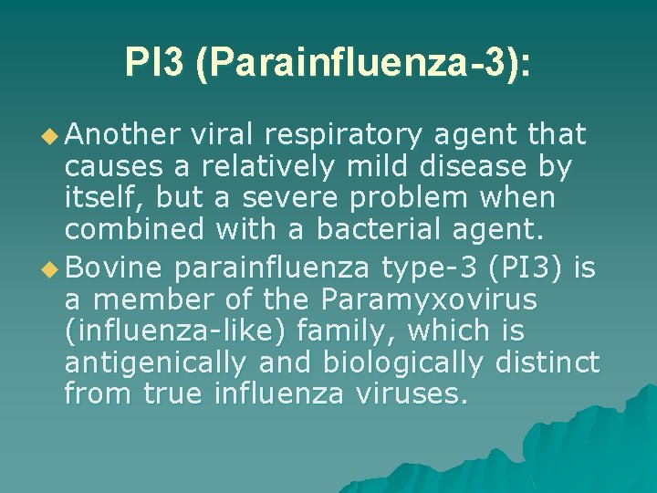 PI 3 (Parainfluenza-3): u Another viral respiratory agent that causes a relatively mild disease