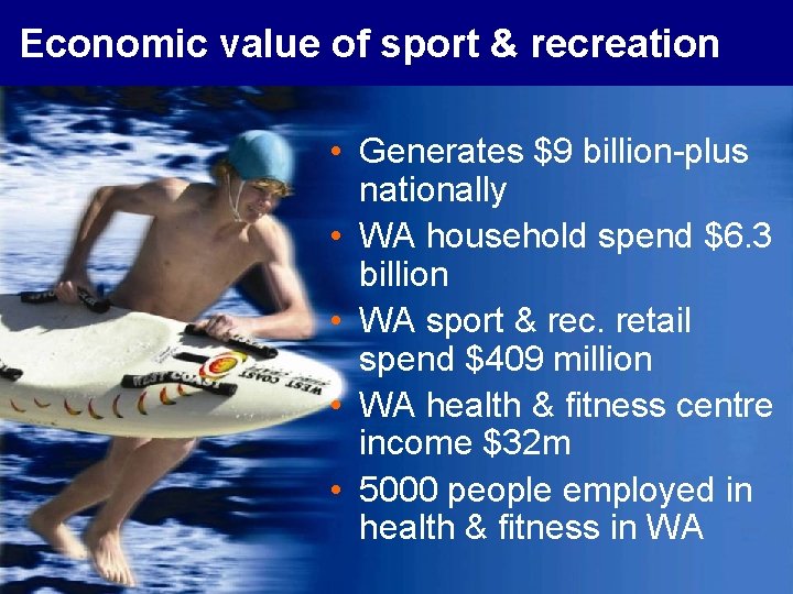 Economic value of sport & recreation • Generates $9 billion-plus nationally • WA household