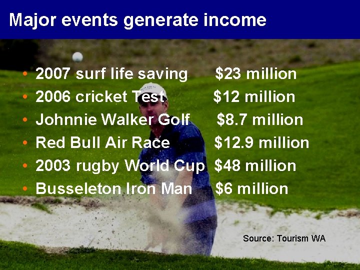 Major events generate income • • • 2007 surf life saving 2006 cricket Test