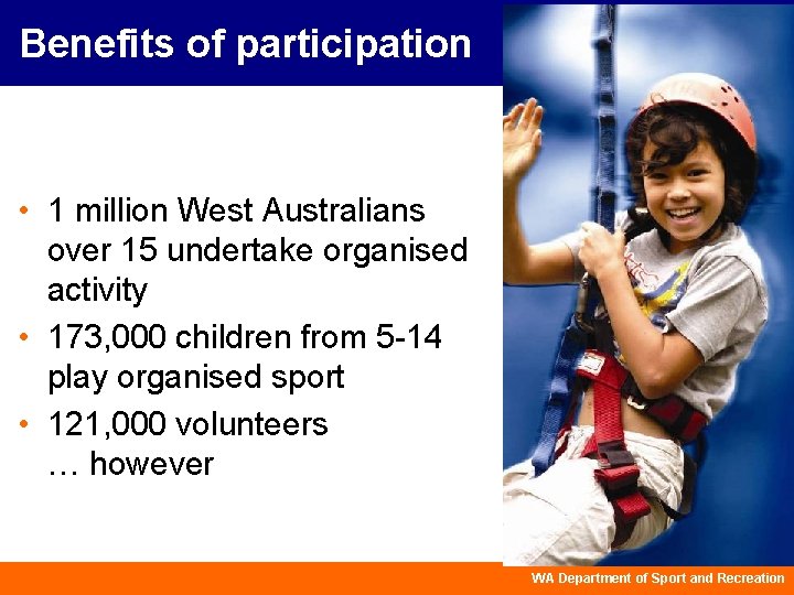 Benefits of participation • 1 million West Australians over 15 undertake organised activity •