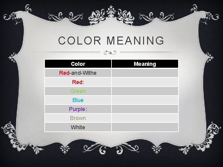 COLOR MEANING Color Red-and-Withe Red: Green Blue Purple: Brown White Meaning 