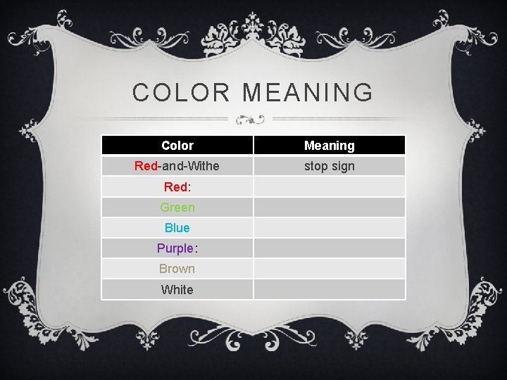 COLOR MEANING Color Meaning Red-and-Withe stop sign Red: Green Blue Purple: Brown White 