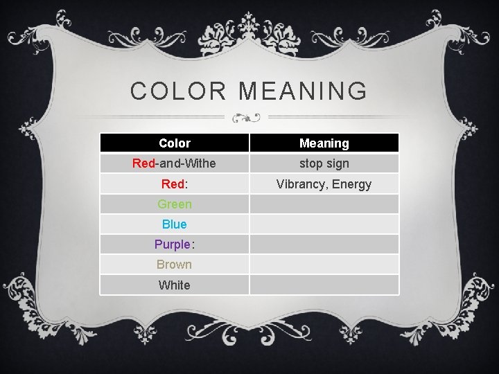 COLOR MEANING Color Meaning Red-and-Withe stop sign Red: Vibrancy, Energy Green Blue Purple: Brown