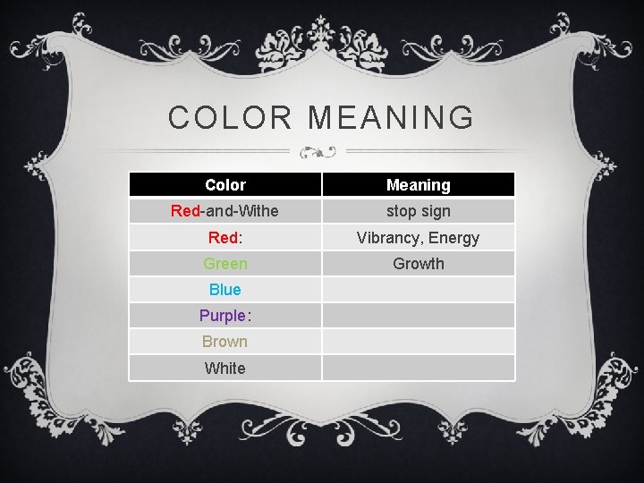 COLOR MEANING Color Meaning Red-and-Withe stop sign Red: Vibrancy, Energy Green Growth Blue Purple: