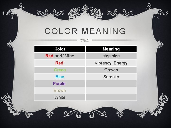COLOR MEANING Color Meaning Red-and-Withe stop sign Red: Vibrancy, Energy Green Growth Blue Serenity