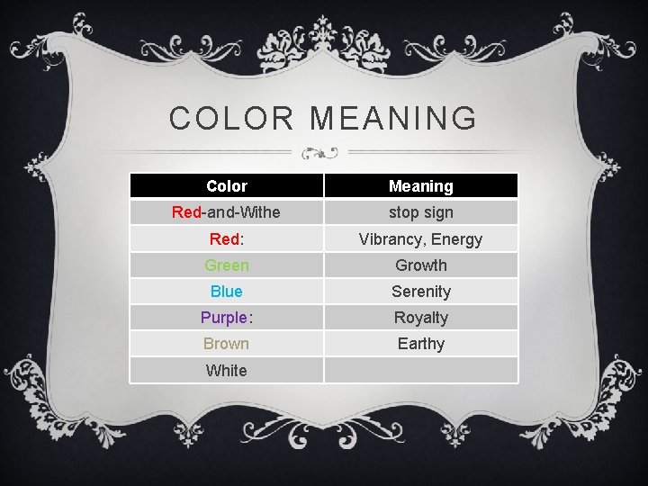 COLOR MEANING Color Meaning Red-and-Withe stop sign Red: Vibrancy, Energy Green Growth Blue Serenity