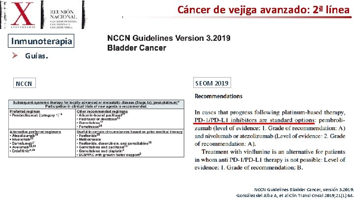 Cáncer de vejiga avanzado: 2ª línea Inmunoterapia Ø Guías. NCCN SEOM 2019 NCCN Guidelines