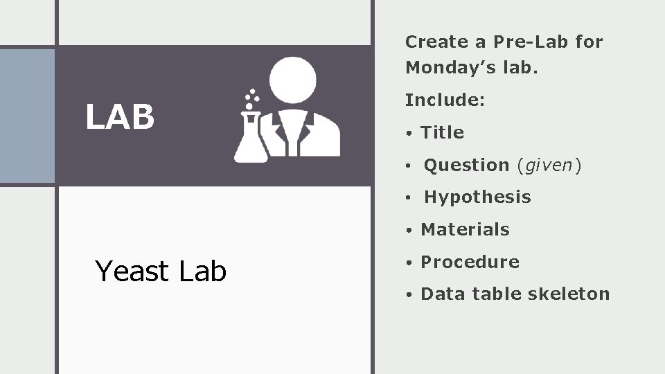 Create a Pre-Lab for Monday’s lab. LAB Include: • Title • Question (given) •