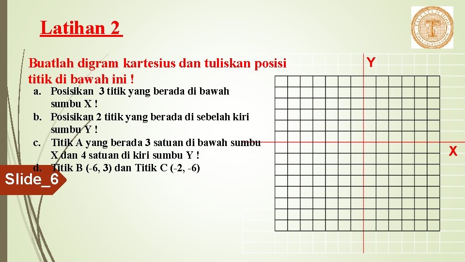 Latihan 2 Buatlah digram kartesius dan tuliskan posisi titik di bawah ini ! a.