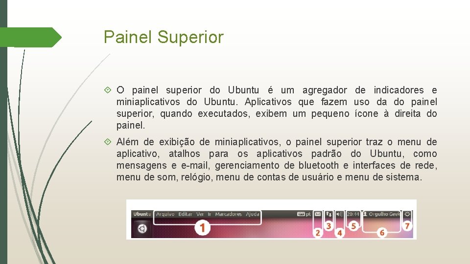 Painel Superior O painel superior do Ubuntu é um agregador de indicadores e miniaplicativos