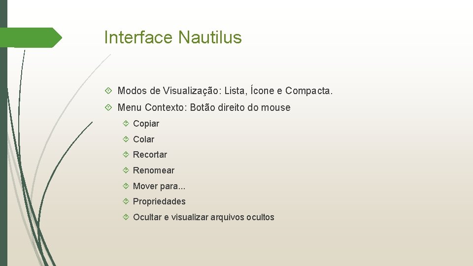 Interface Nautilus Modos de Visualização: Lista, Ícone e Compacta. Menu Contexto: Botão direito do