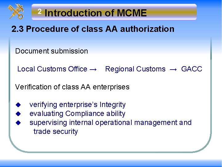 2 Introduction of MCME 2. 3 Procedure of class AA authorization Document submission Local