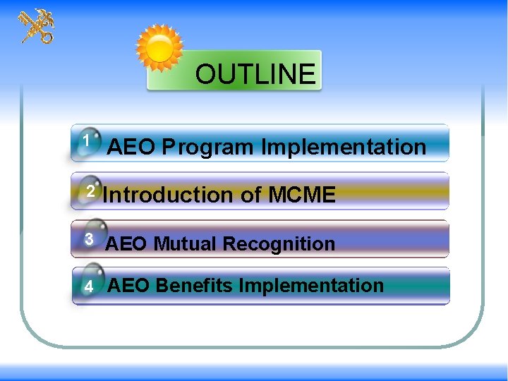 OUTLINE 1 AEO Program Implementation 2 Introduction of MCME 3 AEO Mutual Recognition 4