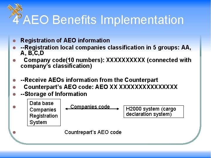 4 AEO Benefits Implementation Registration of AEO information --Registration local companies classification in 5