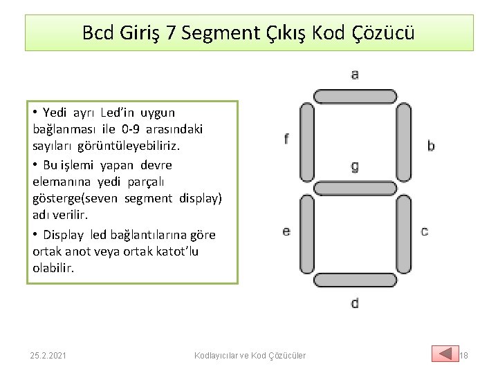 Bcd Giriş 7 Segment Çıkış Kod Çözücü • Yedi ayrı Led’in uygun bağlanması ile