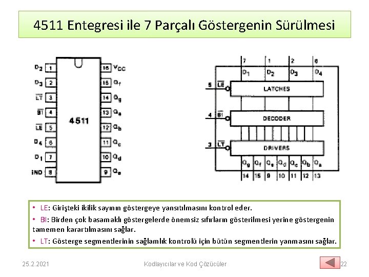 4511 Entegresi ile 7 Parçalı Göstergenin Sürülmesi • LE: Girişteki ikilik sayının göstergeye yansıtılmasını