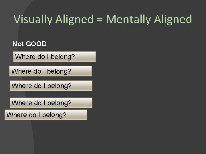 Visually Aligned = Mentally Aligned Not GOOD Where do I belong? Where do I