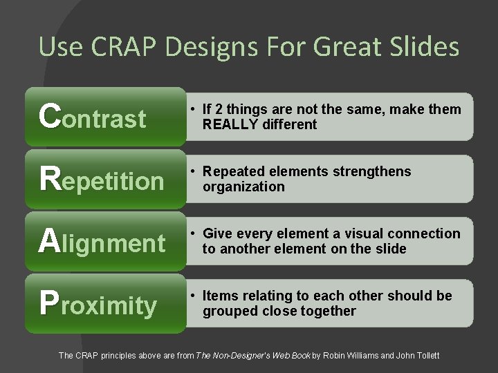 Use CRAP Designs For Great Slides Contrast • If 2 things are not the