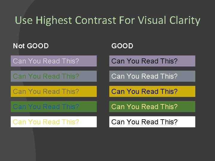 Use Highest Contrast For Visual Clarity Not GOOD Can You Read This? Can You