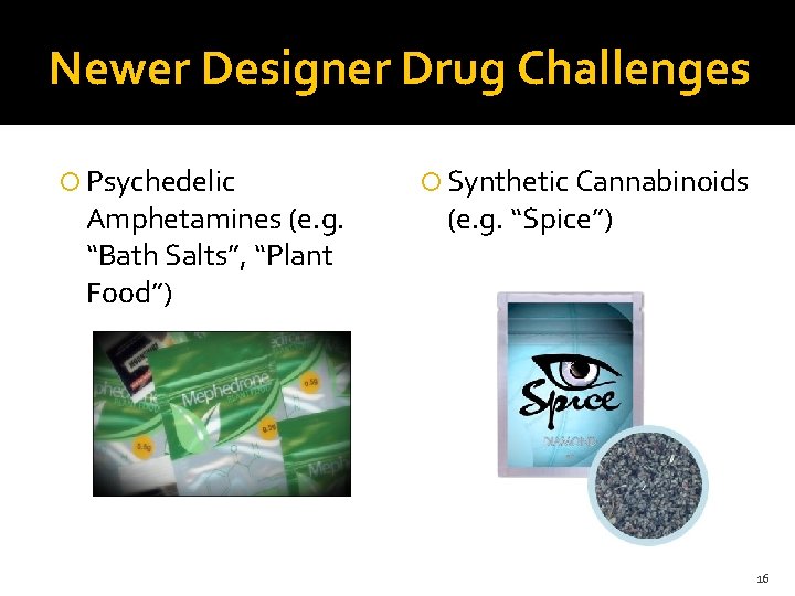 Newer Designer Drug Challenges Psychedelic Amphetamines (e. g. “Bath Salts”, “Plant Food”) Synthetic Cannabinoids Newer Designer Drug Challenges Psychedelic Amphetamines (e. g. “Bath Salts”, “Plant Food”) Synthetic Cannabinoids