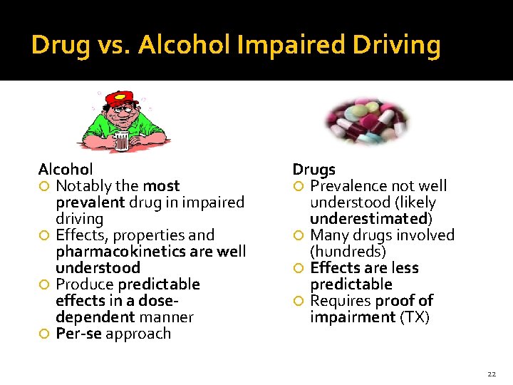 Drug vs. Alcohol Impaired Driving Alcohol Notably the most prevalent drug in impaired driving