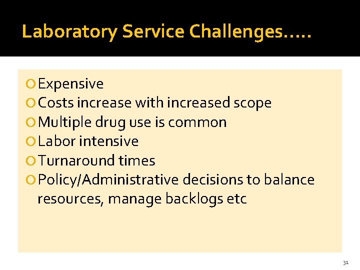 Laboratory Service Challenges…. . Expensive Costs increase with increased scope Multiple drug use is