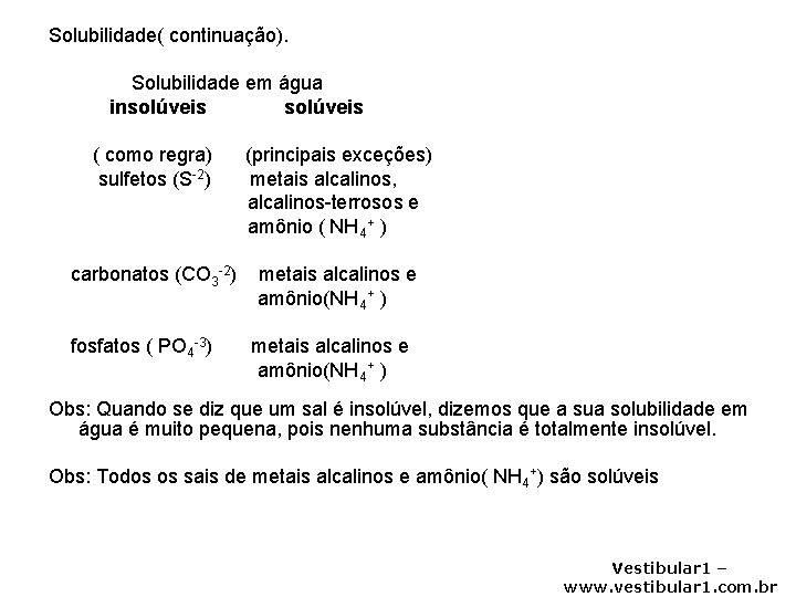 Solubilidade( continuação). Solubilidade em água insolúveis ( como regra) sulfetos (S-2) (principais exceções) metais