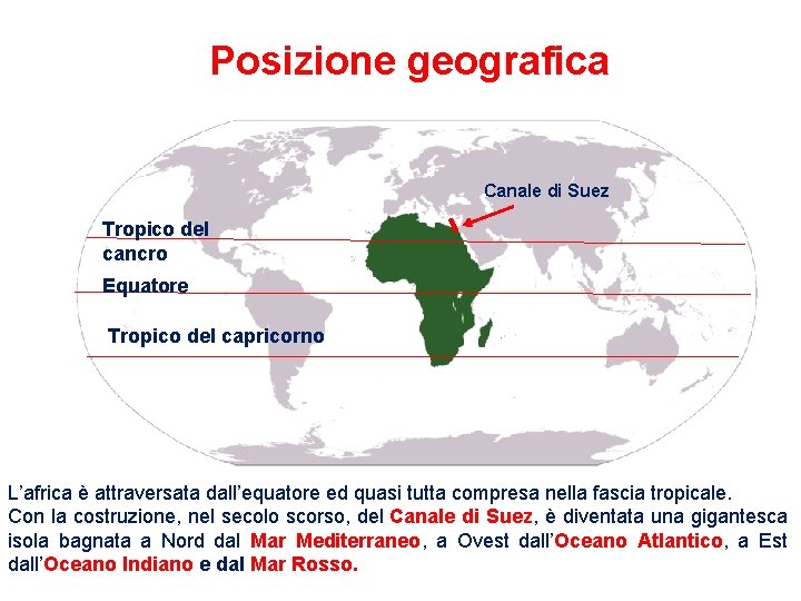 Posizione geografica Canale di Suez Tropico del cancro Equatore Tropico del capricorno L’africa è