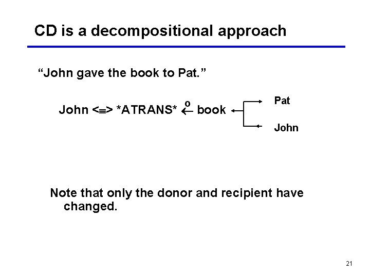 CD is a decompositional approach “John gave the book to Pat. ” o John