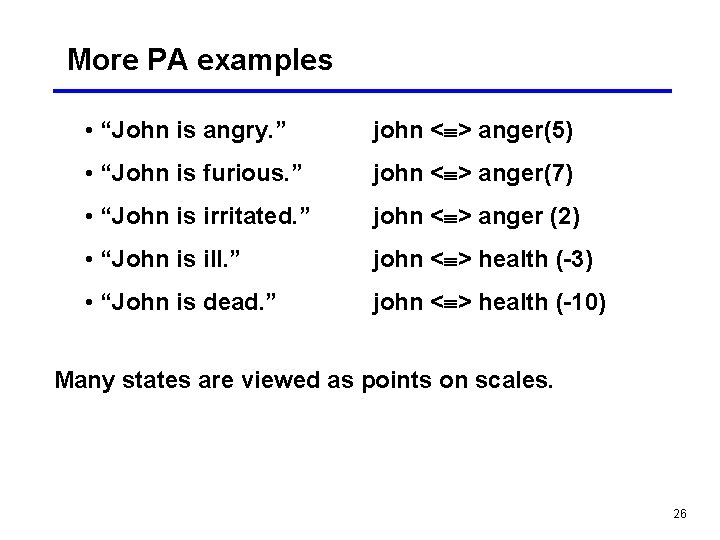 More PA examples • “John is angry. ” john < > anger(5) • “John