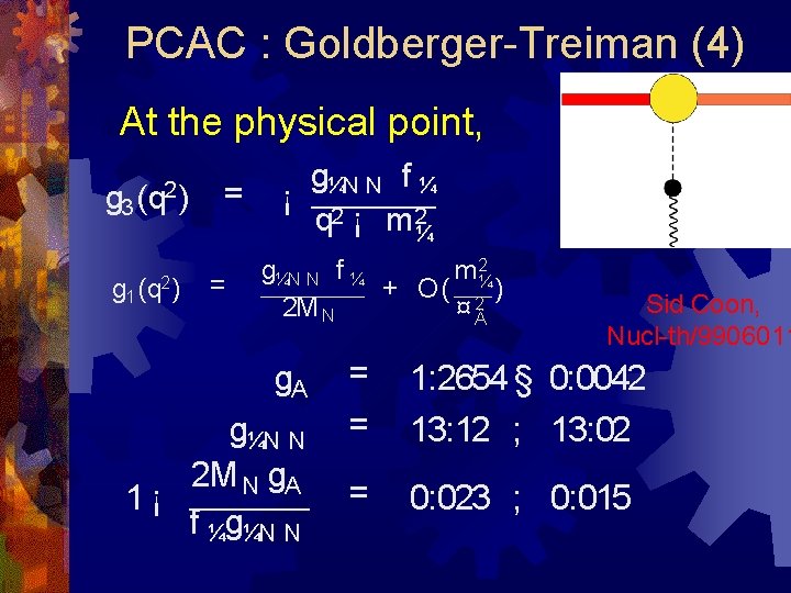 PCAC : Goldberger-Treiman (4) At the physical point, g 3 (q 2 ) g