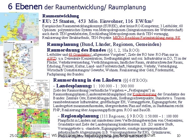 6 Ebenen der Raumentwicklung/ Raumplanung Raumentwicklung EU: 25 Staaten, 453 Mio. Einwohner, 116 EW/km²