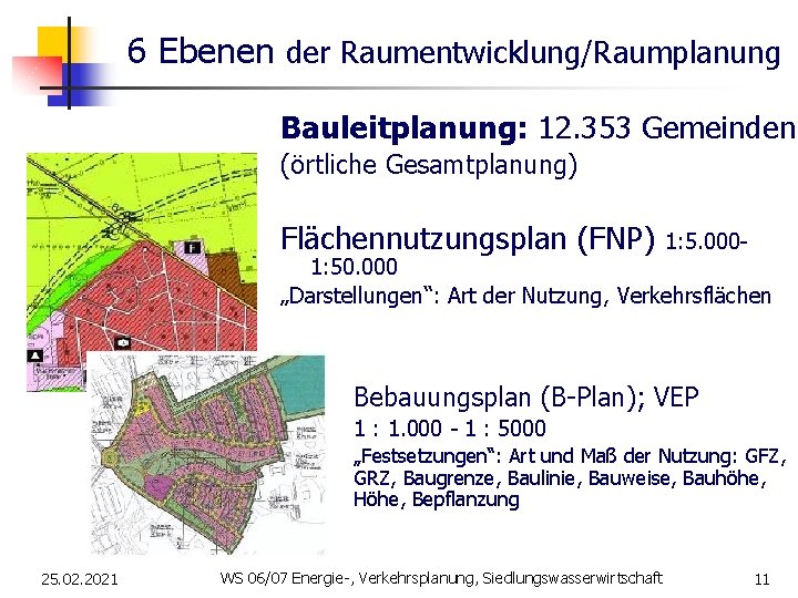 6 Ebenen der Raumentwicklung/Raumplanung Bauleitplanung: 12. 353 Gemeinden (örtliche Gesamtplanung) Flächennutzungsplan (FNP) 1: 5.