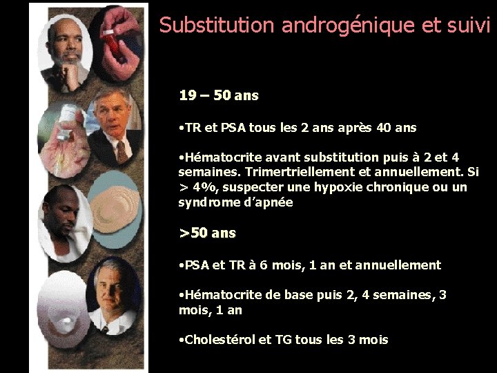 Substitution androgénique et suivi 19 – 50 ans • TR et PSA tous les
