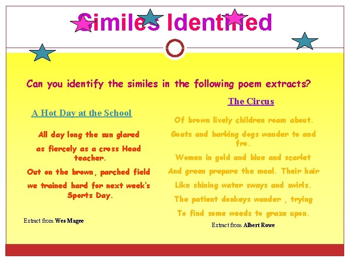 Similes Identified Can you identify the similes in the following poem extracts? The Circus