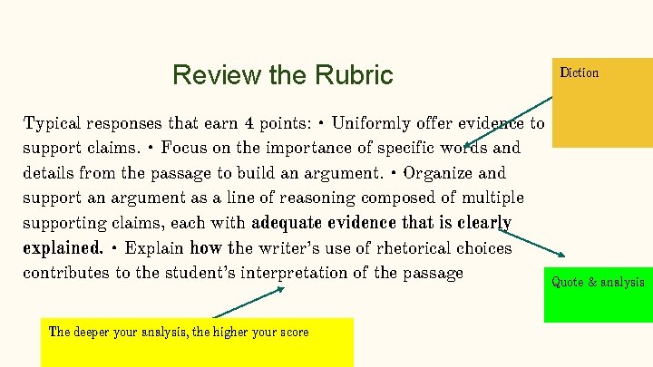 Review the Rubric Typical responses that earn 4 points: • Uniformly offer evidence to