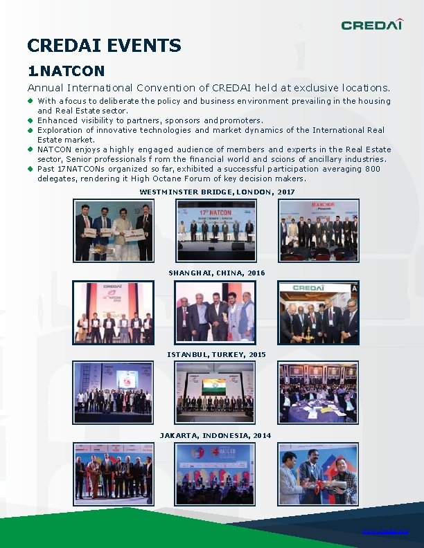 CREDAI EVENTS 1. NATCON Annual International Convention of CREDAI held at exclusive locations. With